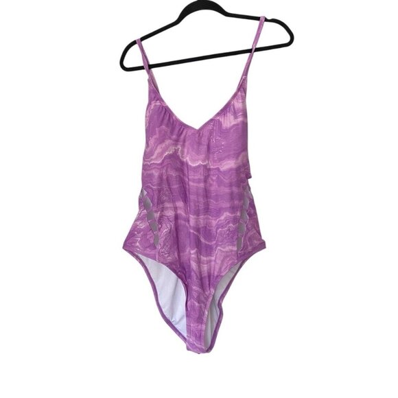 Mynah Womens Swimsuit One Piece Mauve Marble Cutout Lace Back Plus Size XXL 2X‎ - Picture 1 of 5